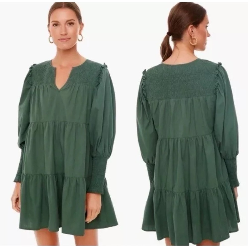 Pomander Place Dress sz M Ceci Smocked Long Sleeve Green Tiered Cotton Mini Boho